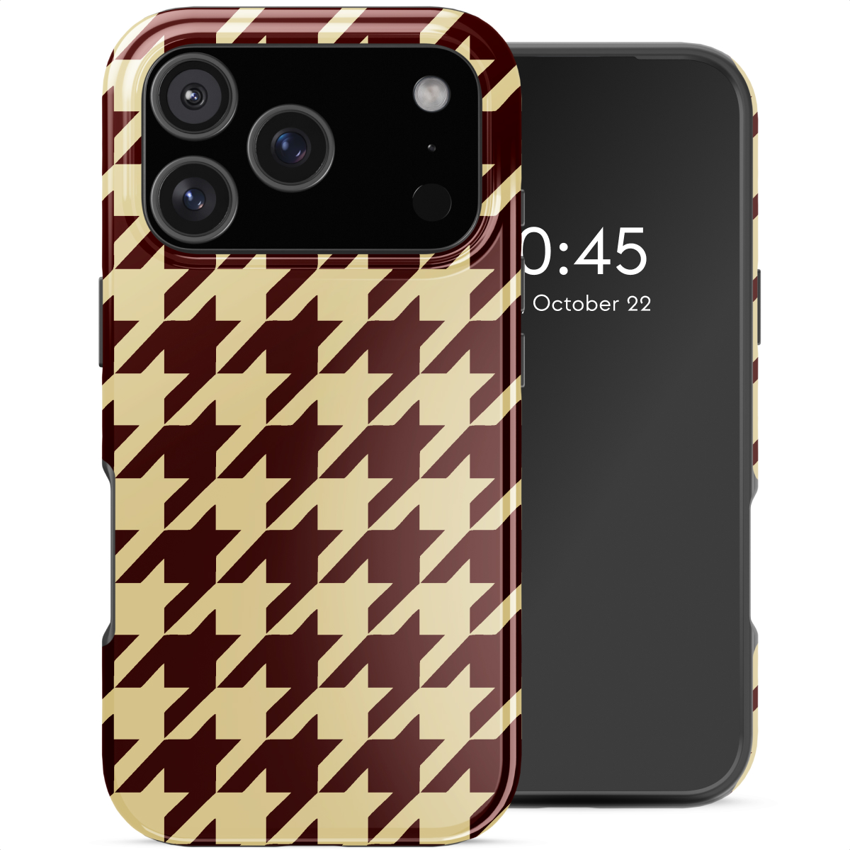 Een smartphone met een houndstooth patroon hoesje in bordeauxrood en beige, met een vergrendelscherm met de tijd en datum.