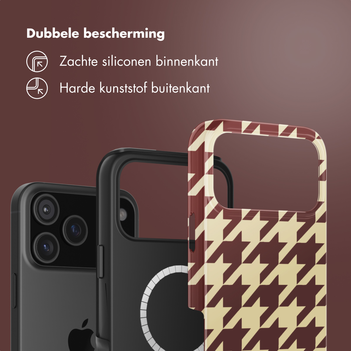 Drie telefoonhoesjes: zwart en met pied-de-poule patroon. Tekst: Dubbele bescherming, zachte siliconen binnenkant, hard plastic buitenkant.