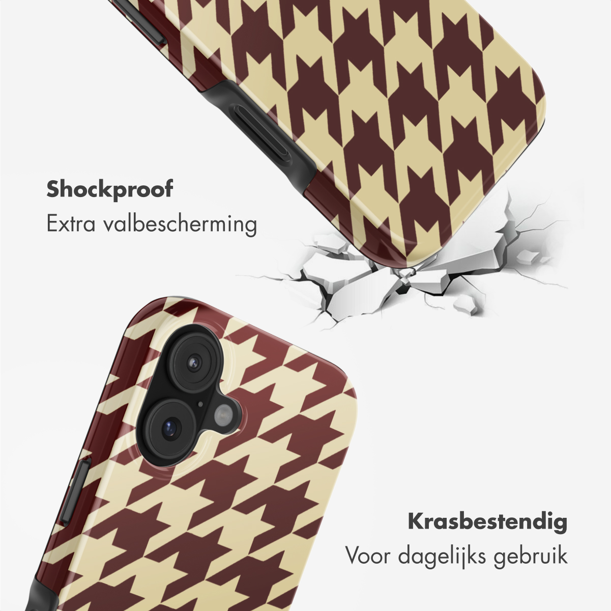 Er worden twee telefoonhoesjes met een pied-de-poule patroon getoond. Eén valt, de ander ligt op de grond. De woorden schokbestendig en krasbestendig zijn zichtbaar.