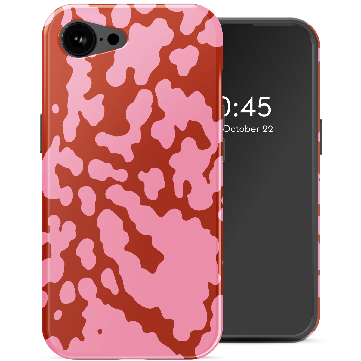 Een telefoon met een roze en bruine koeienprint hoes. Het scherm toont de tijd, 0:45, en de datum, 22 oktober.