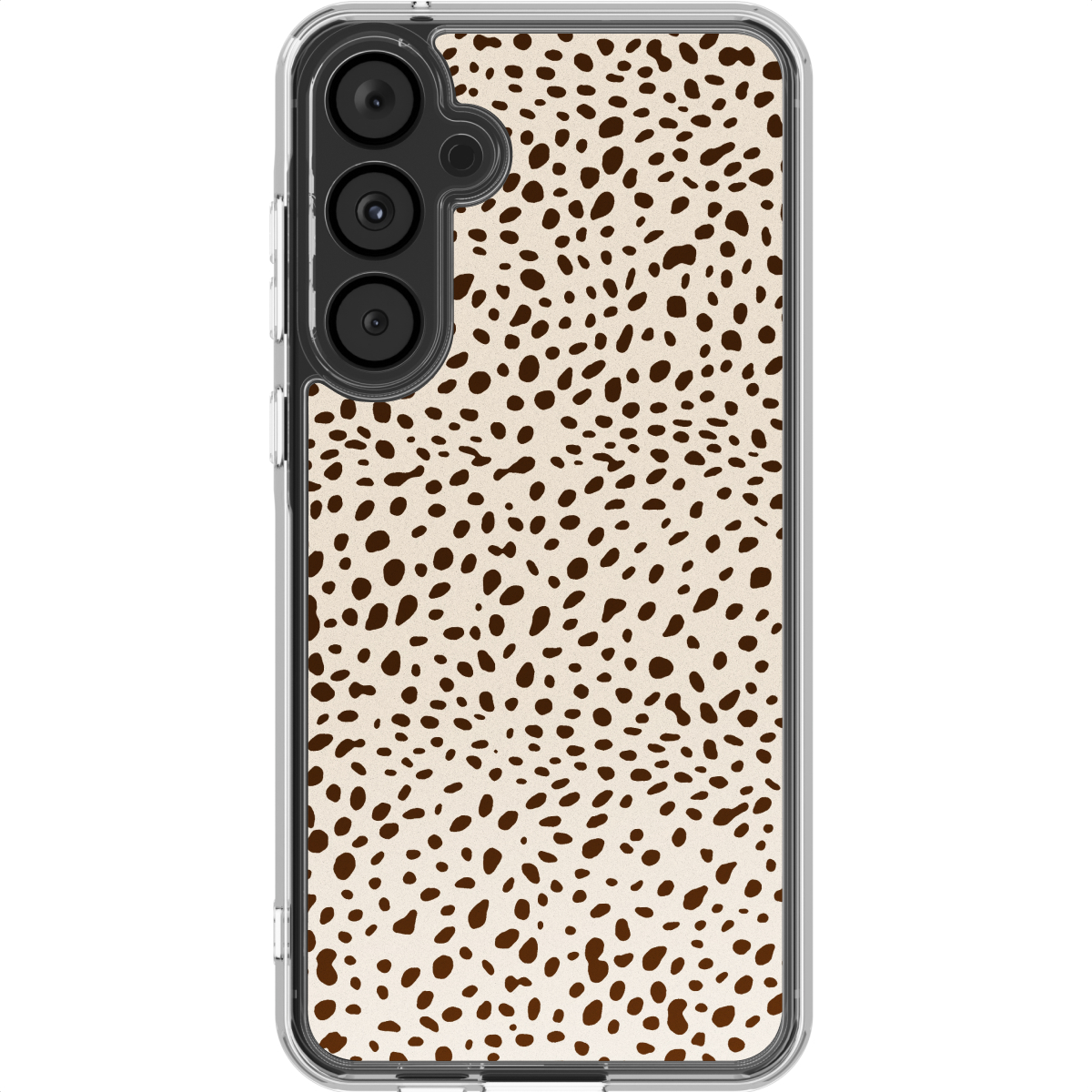 Coque de téléphone avec un fond beige, recouvert de taches marron. Elle a une bordure transparente et un module caméra à gauche.