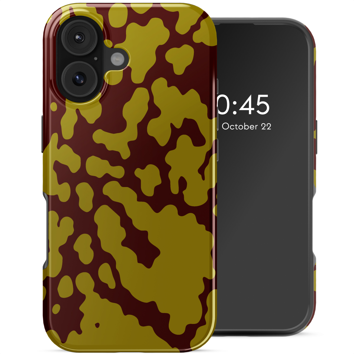 Een smartphone met een camouflagepatroon. De telefoon toont de tijd en datum. De hoes is rood en geel.