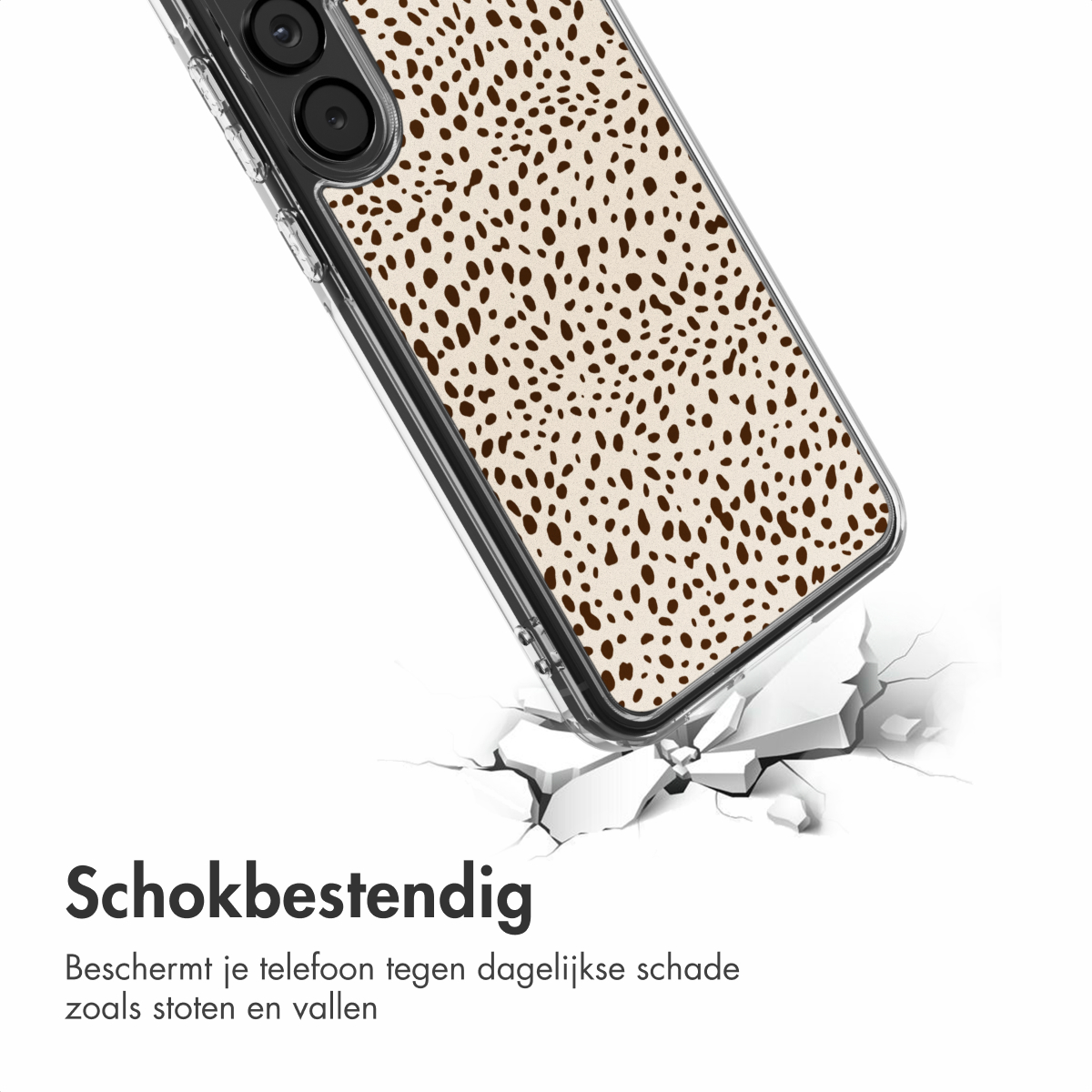 Coque de téléphone à motif dalmatien, sol fissuré. Texte : Antichoc. Il protège votre téléphone contre les dommages quotidiens.