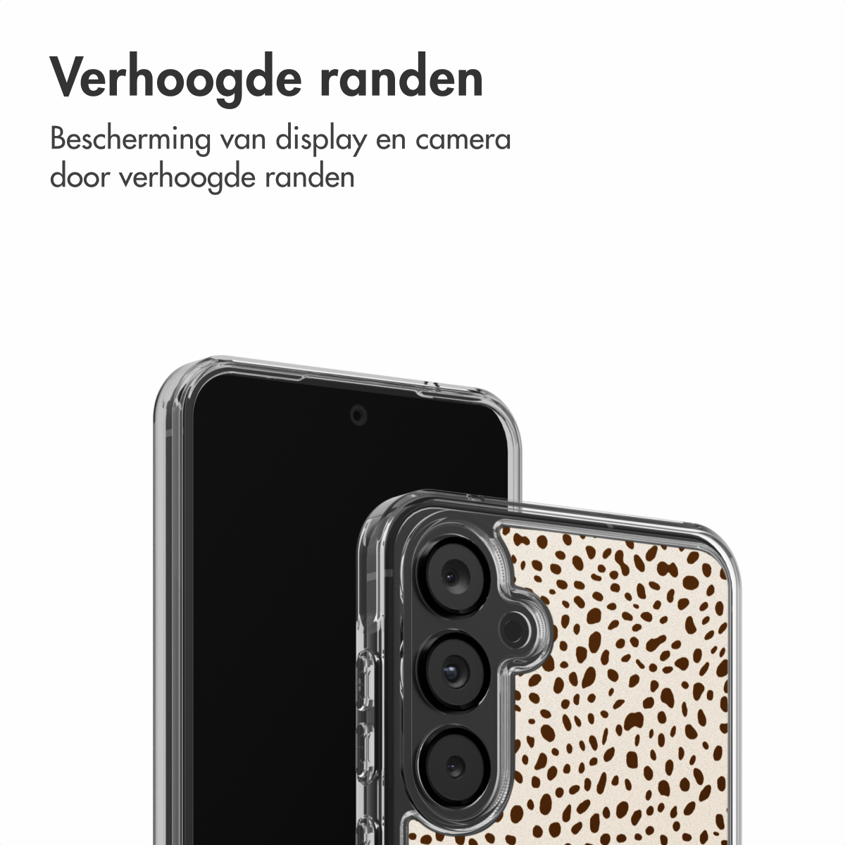 Deux smartphones. Un téléphone est dans une coque transparente. L'autre a une coque à motifs avec des taches marron sur fond beige.