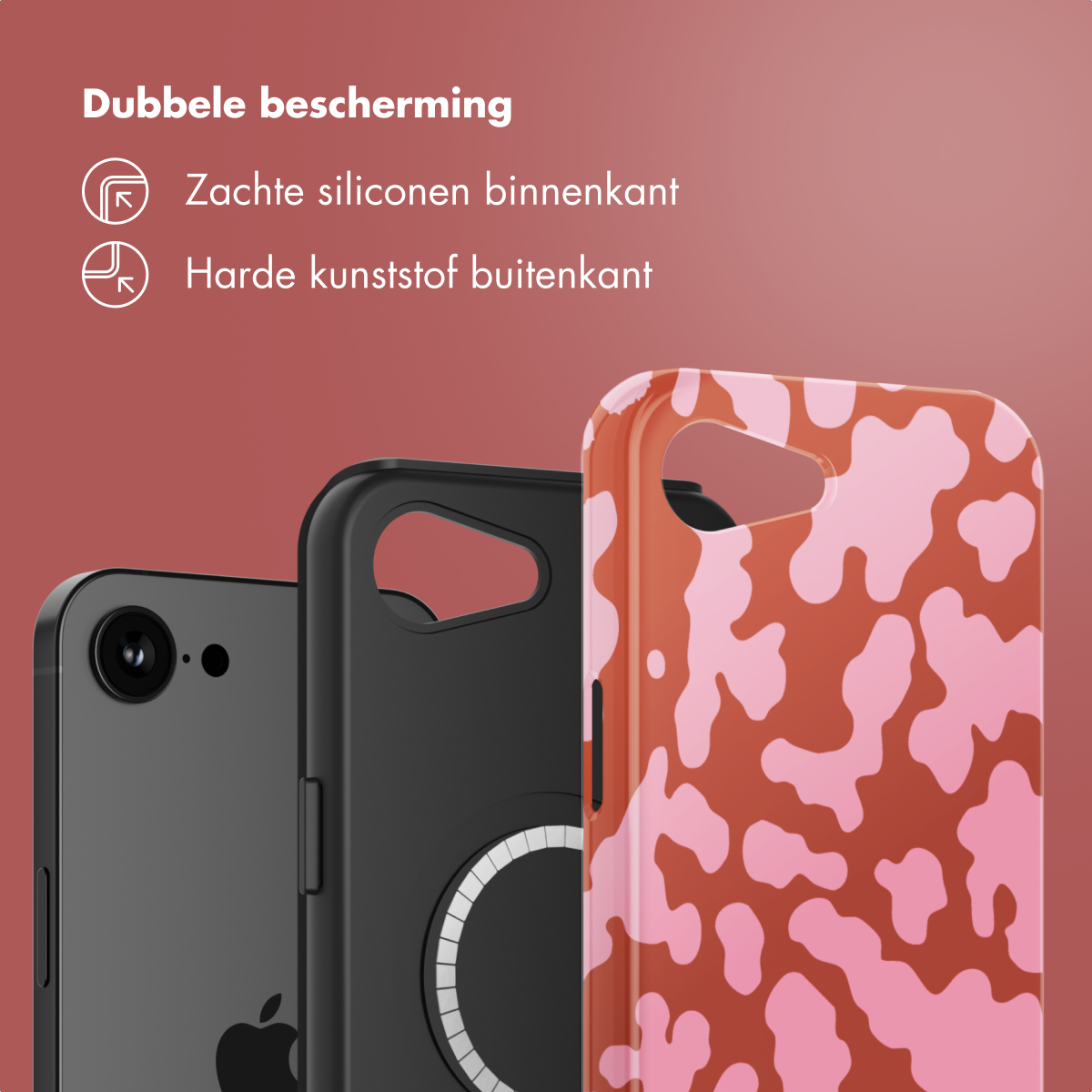 Drie telefoonhoesjes: zwart, rood/roze met patroon en zwart. Tekst luidt: 'Dubbele bescherming', 'Zachte siliconen binnenkant' en 'Harde kunststof buitenkant'.