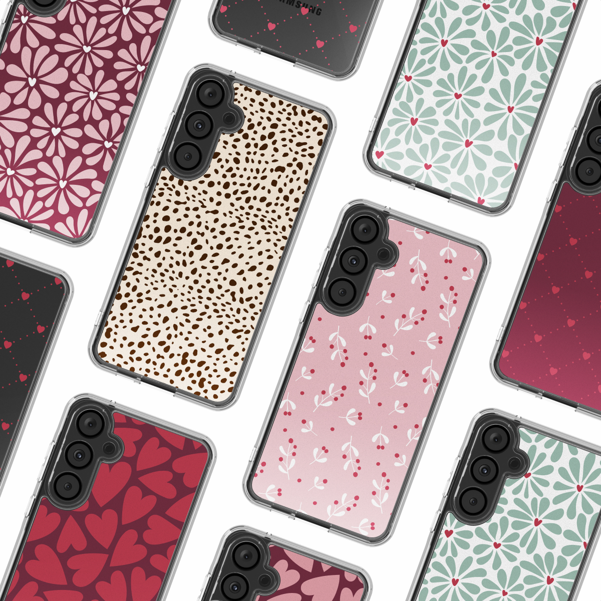 Collezione di custodie per telefoni con vari disegni come fiori, cuori e stampe animalier su sfondo bianco.
