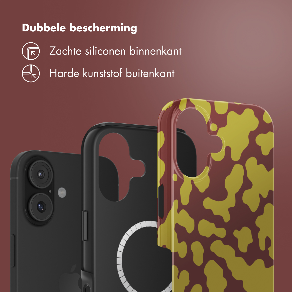 Drie telefoonhoesjes worden weergegeven. Een zwarte, een met een geel en bruin patroon en een andere zwarte. Tekst hierboven beschrijft de hoesjes.