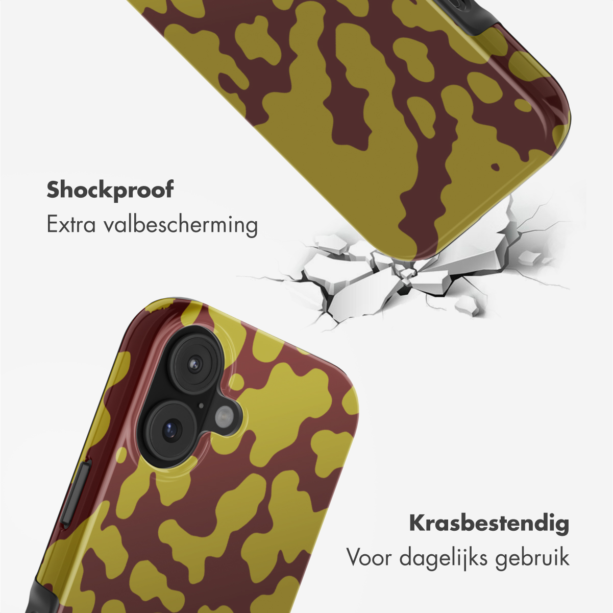 Twee telefoonhoesjes met camouflagepatroon. Eén valt, barst de grond. Tekst: Schokbestendig, krasbestendig.