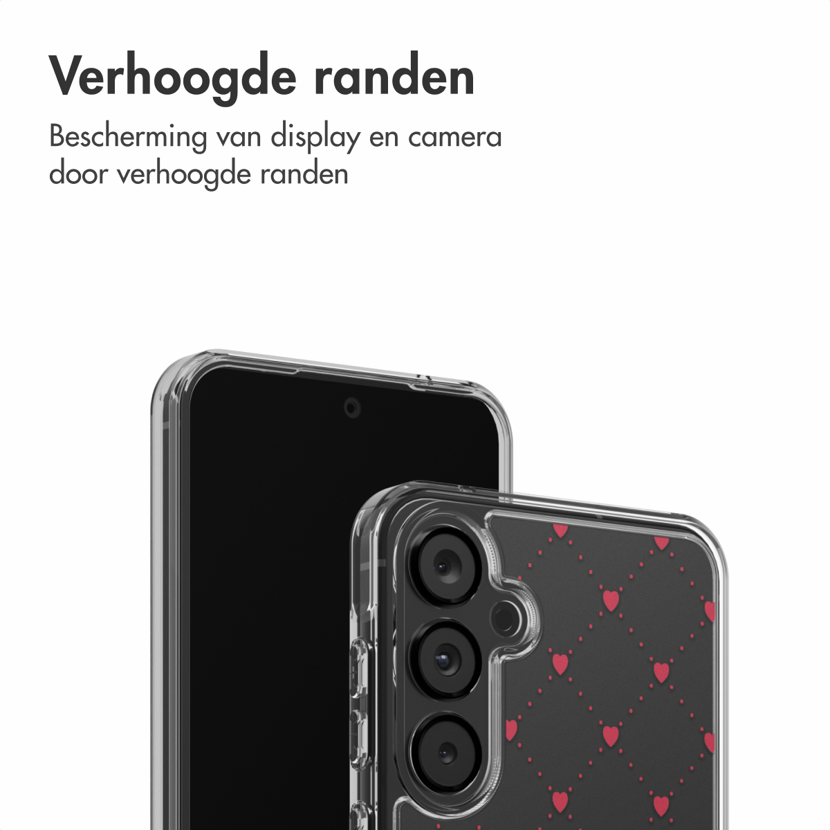 Due smartphone, uno con custodia trasparente e l'altro con custodia nera con cuori rossi, sono esposti su sfondo bianco.