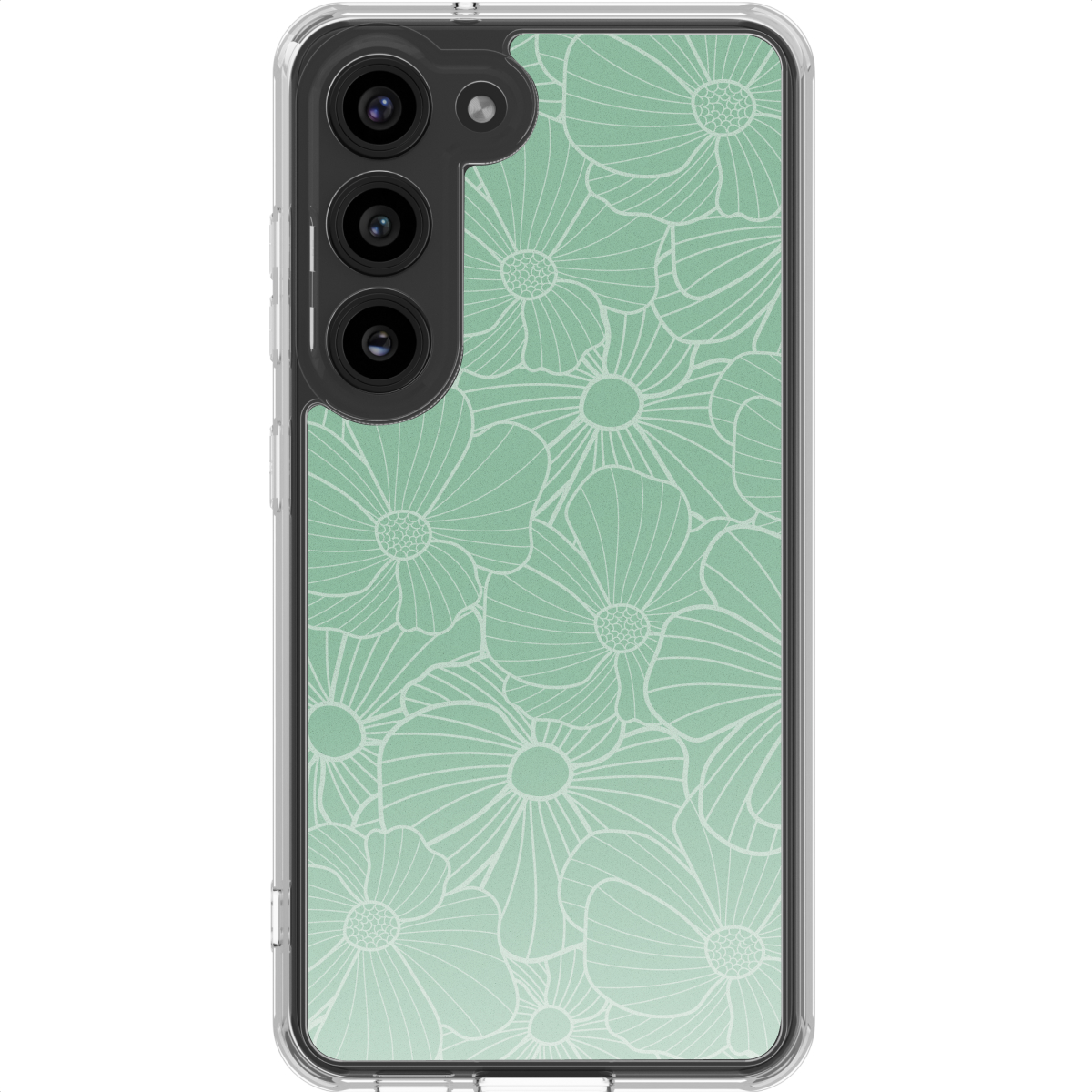 Un smartphone avec une coque florale. La coque a un fond vert clair avec des contours de fleurs blanches. Le téléphone a un module caméra noir.