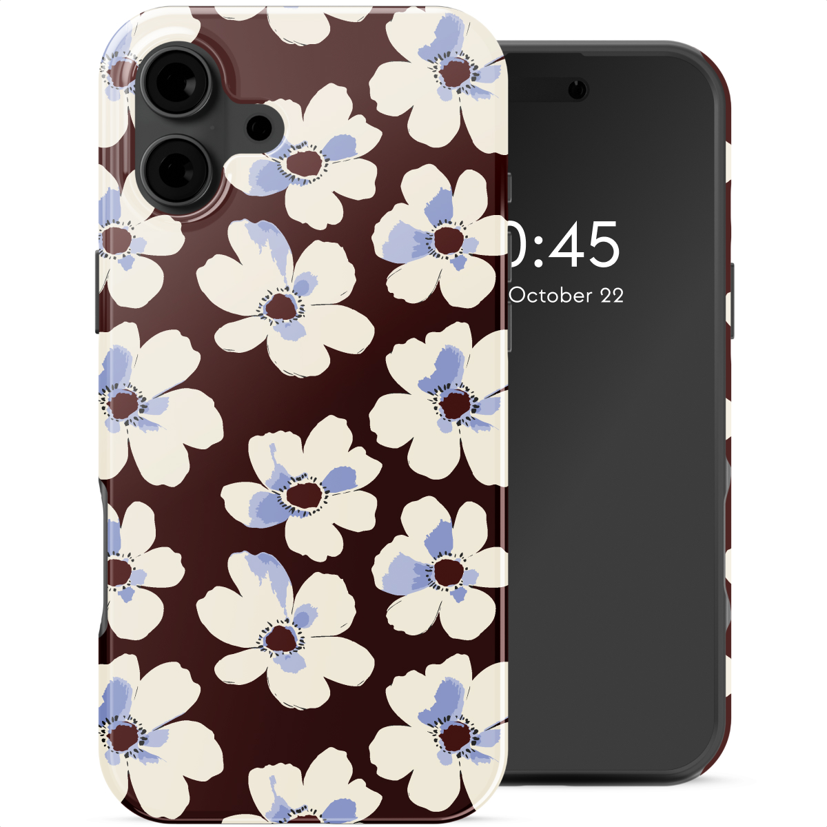 Un telefono con custodia floreale, fiori bianchi con centri blu su sfondo marrone scuro, schermo nero del telefono, ora visualizzata.