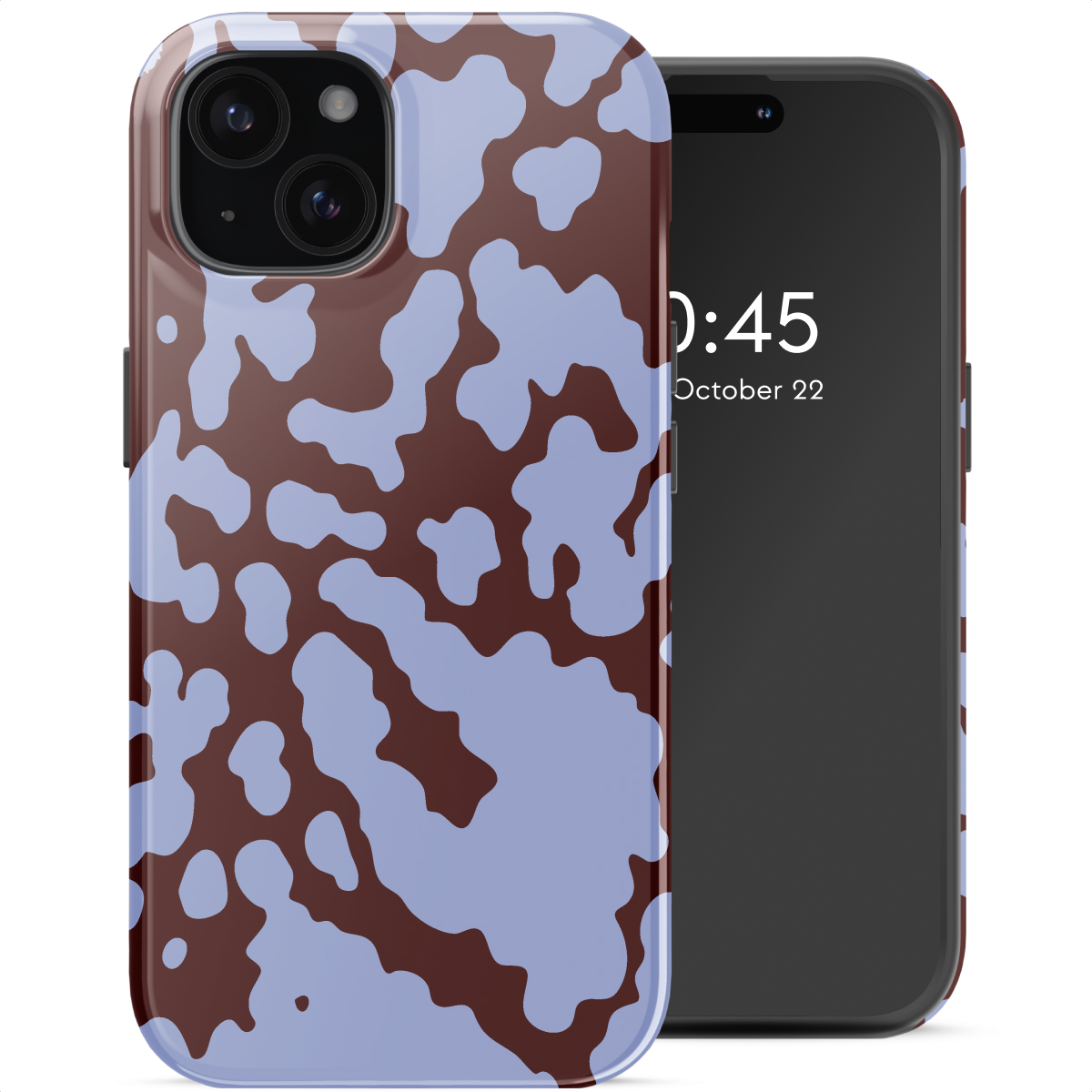 Een telefoon met een patroonhoesje. De hoes heeft bruine en lichtblauwe vlekken. Het scherm toont de tijd en datum.