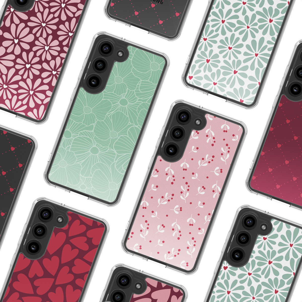 Plusieurs coques de téléphone sur fond blanc. Chacune a un design différent, comprenant des fleurs, des cœurs et des baies dans diverses couleurs comme le rose, le vert et le rouge.