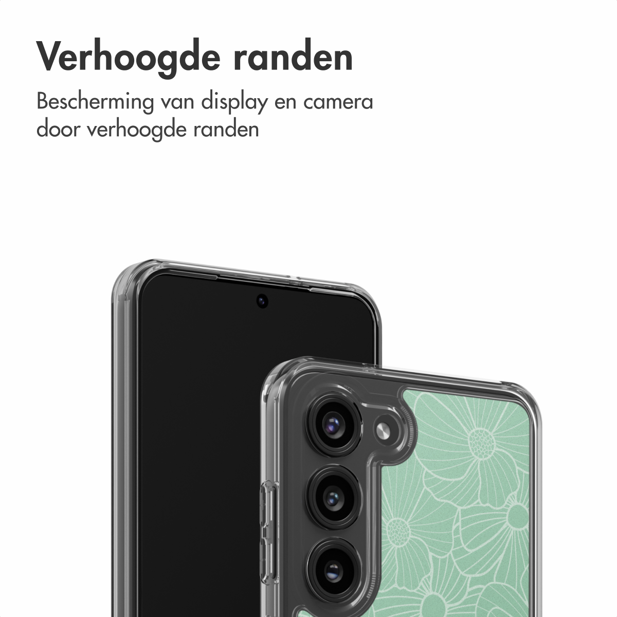 Deux téléphones avec des étuis transparents sont affichés. L'un est noir, l'autre a un motif floral vert menthe. Le texte supérieur indique 'Verhoogde randen'.