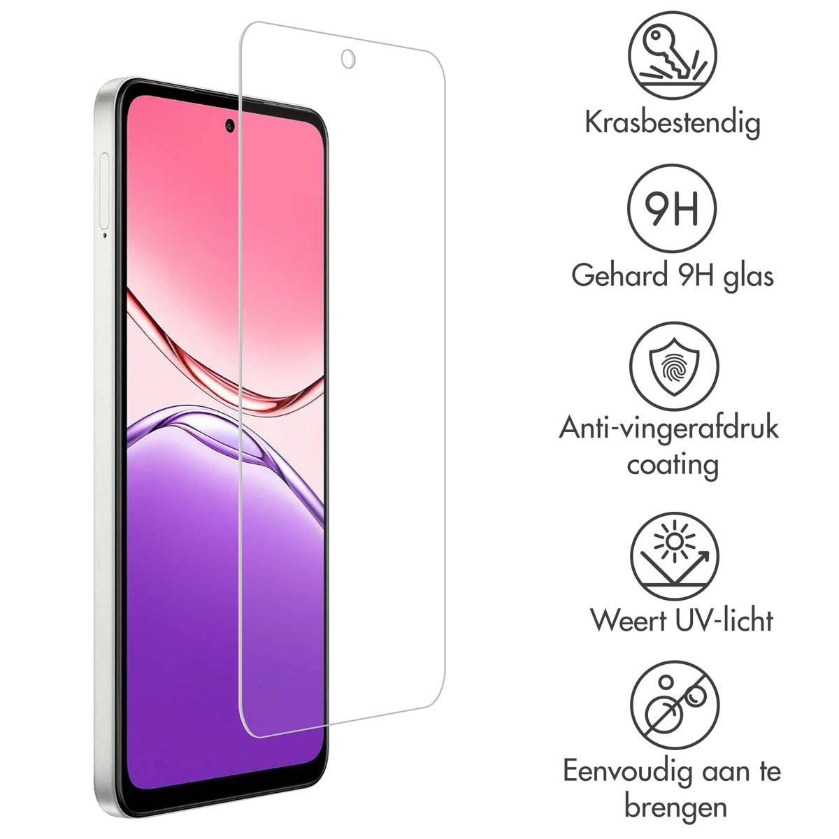 Un telefono con protezione schermo. Le etichette indicano resistenza ai graffi, vetro 9H, rivestimento anti-impronta, protezione UV e facile applicazione.