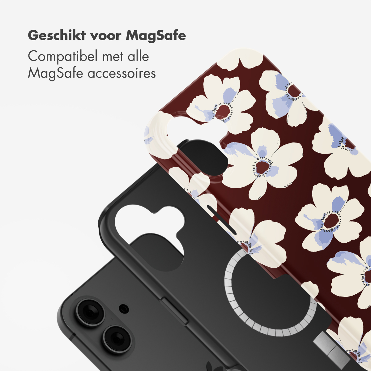 Custodia per telefono con motivo floreale su un telefono nero. Testo: 'Adatto per MagSafe' e accessori compatibili.