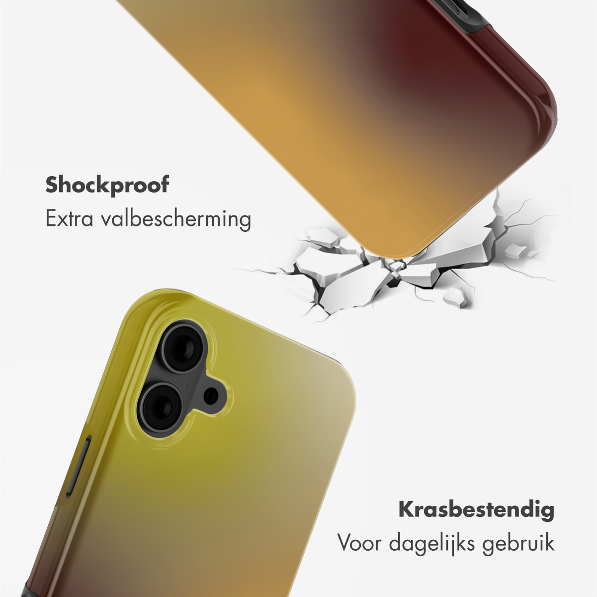 Due custodie per telefono, una che cade e spacca il pavimento. Custodie sfumate giallo e marrone. Testo: Antiurto, antigraffio.