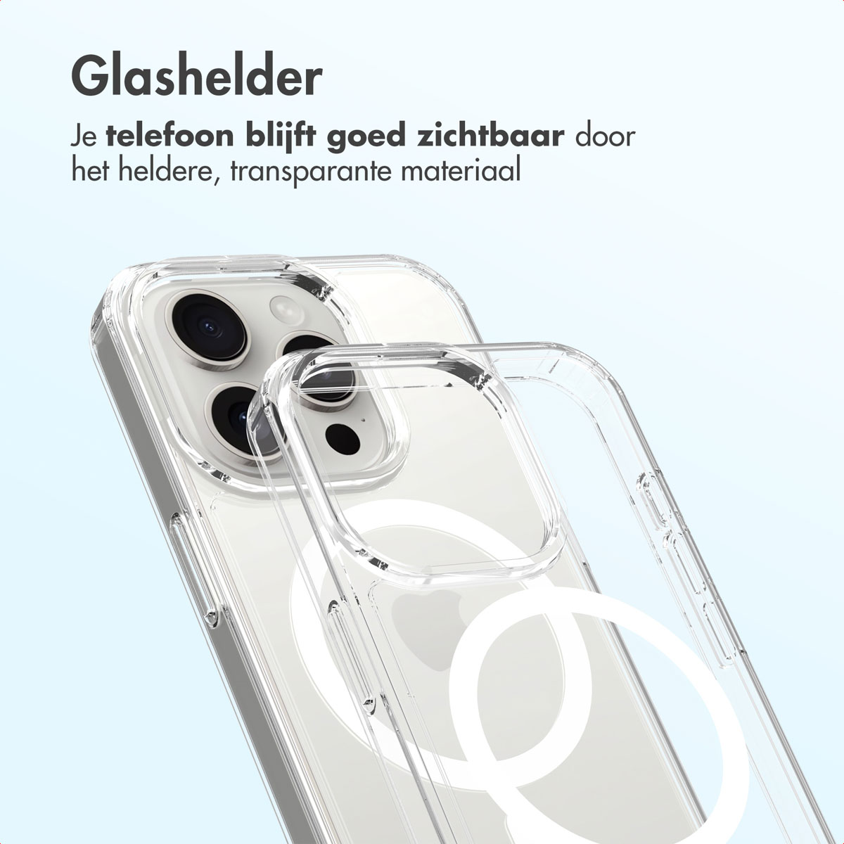 Een transparante telefoonhoesje op een witte telefoon. De hoes laat het ontwerp van de telefoon zien. De achtergrond is lichtblauw met wat tekst.
