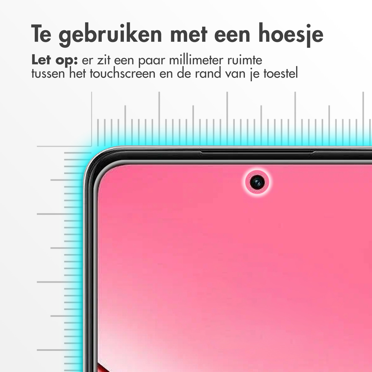Schermo di smartphone con display rosa. In alto si legge: 'Da usare con una custodia'. A sinistra c'è una grafica a forma di righello.
