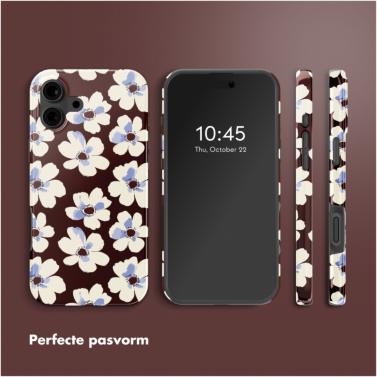 Vengono mostrati uno smartphone e la sua custodia. La custodia presenta un motivo floreale di fiori bianchi e blu su sfondo marrone.