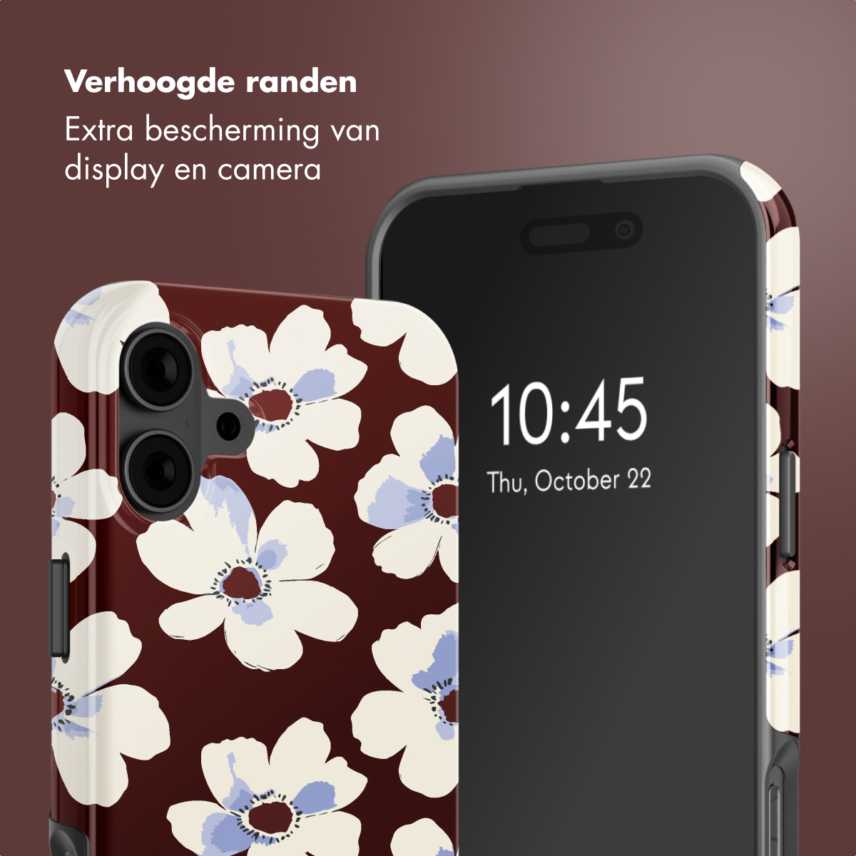 Un telefono con una custodia con fiori bianchi su sfondo bordeaux. Lo schermo mostra l'ora 10:45 e la data.