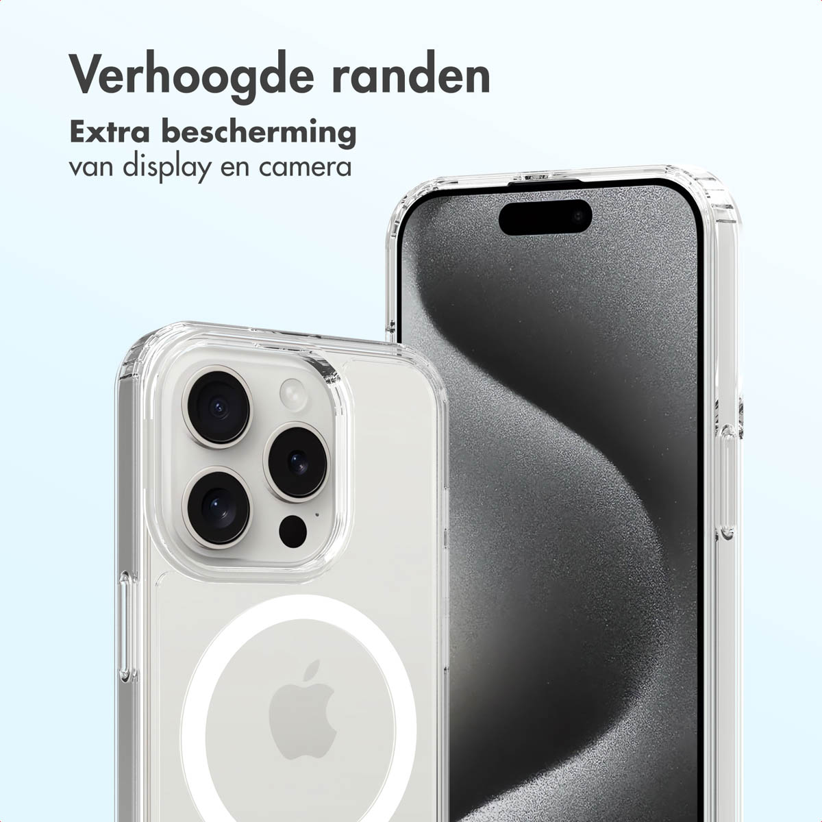 Transparante telefoonhoesjes laten het ontwerp van de telefoon zien. Eén hoesje heeft de camera zichtbaar. De andere toont het scherm. Tekst geeft extra bescherming aan.