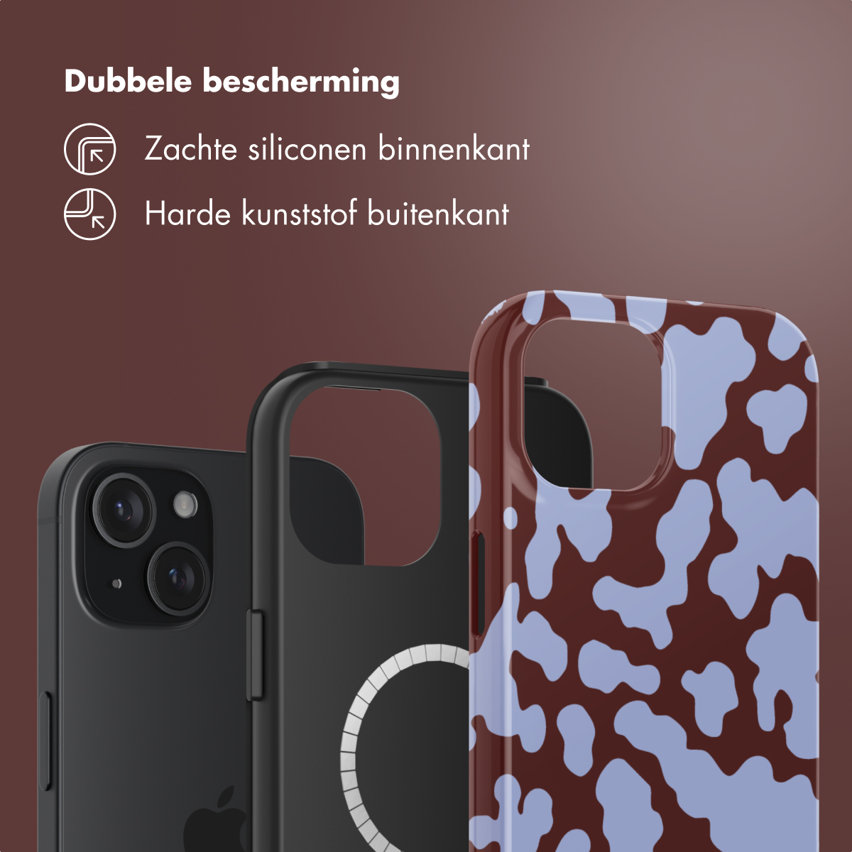 Drie telefoonhoesjes: zwart, zwart met witte cirkel en bruin met blauwe vlekken. Tekst: Dubbele bescherming, zachte siliconen binnenkant, hard plastic buitenkant.