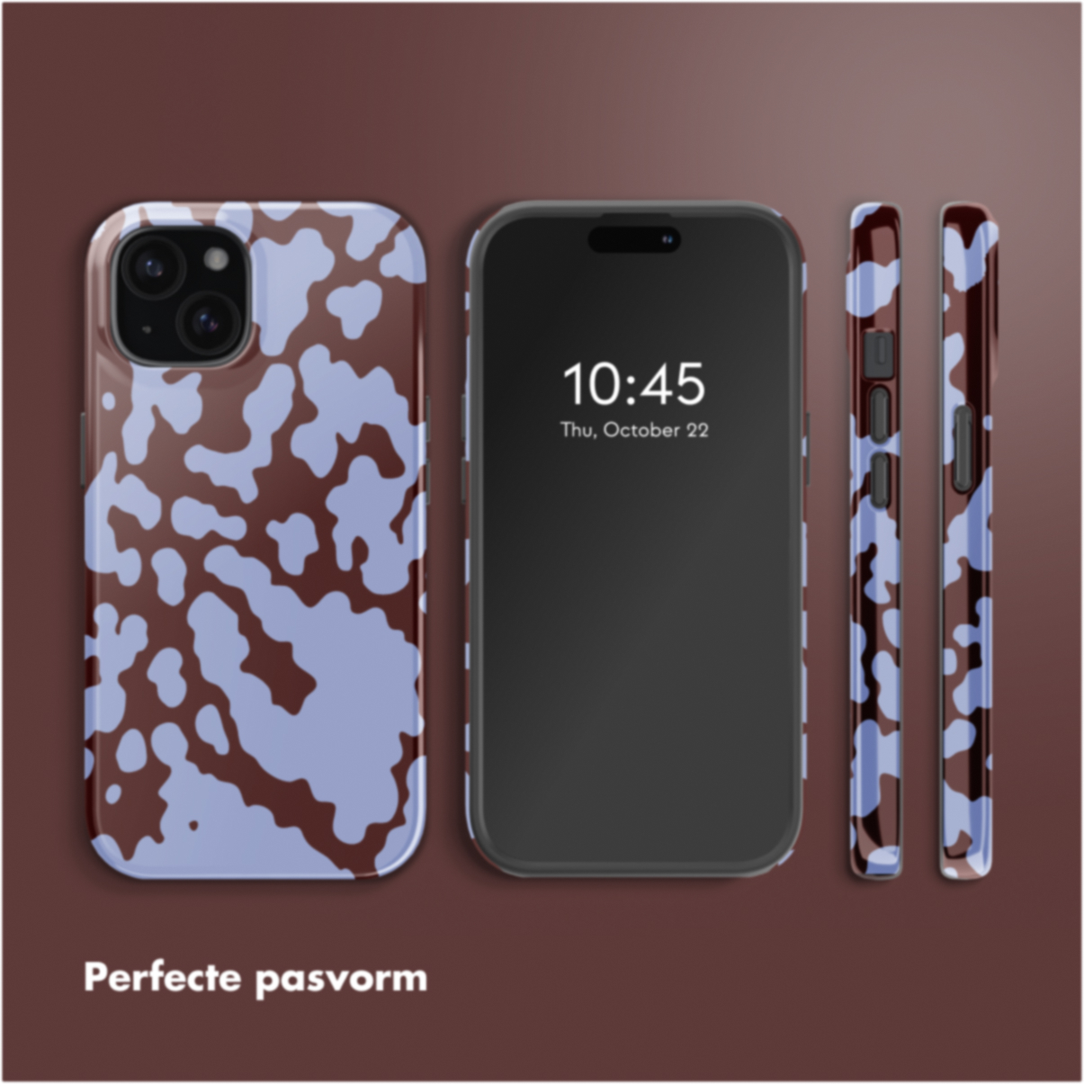 Een telefoon en hoesjes met een bruin en blauw patroon worden getoond. Het telefoonscherm toont 10:45 uur op do, 22 oktober.