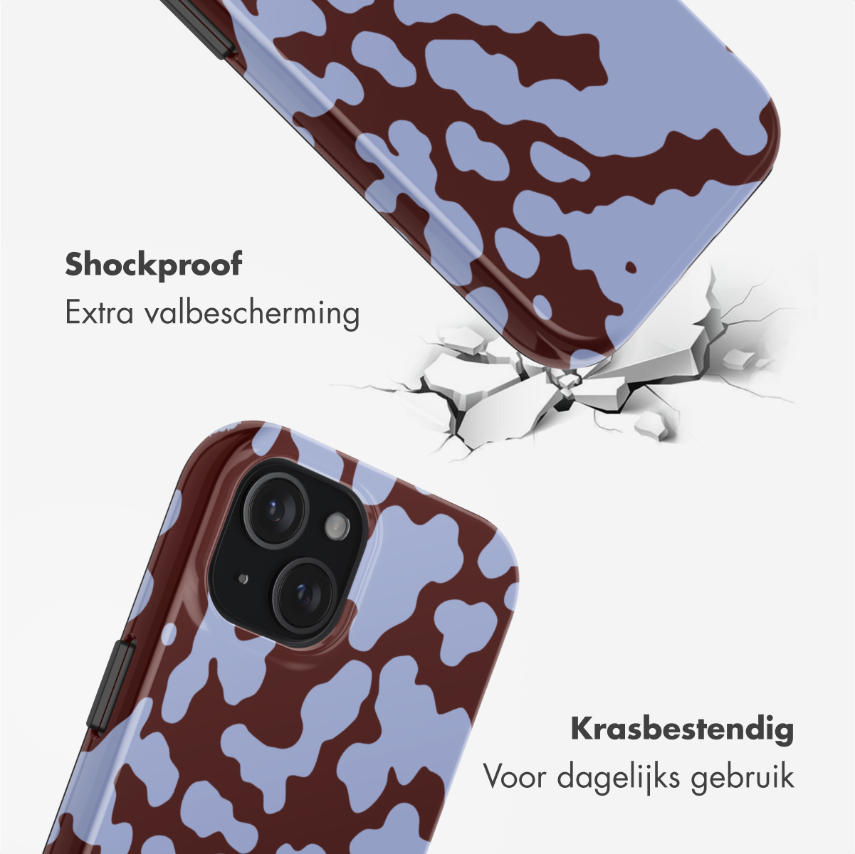 Twee telefoonhoesjes met bruine en blauwe patronen, één breekt een oppervlak. Tekst: schokbestendig, extra bescherming, krasbestendig, voor dagelijks gebruik.