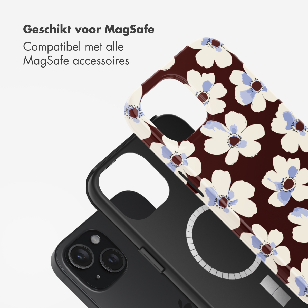 A phone with a floral patterned case. The case is open, revealing the phone's back and MagSafe circle.