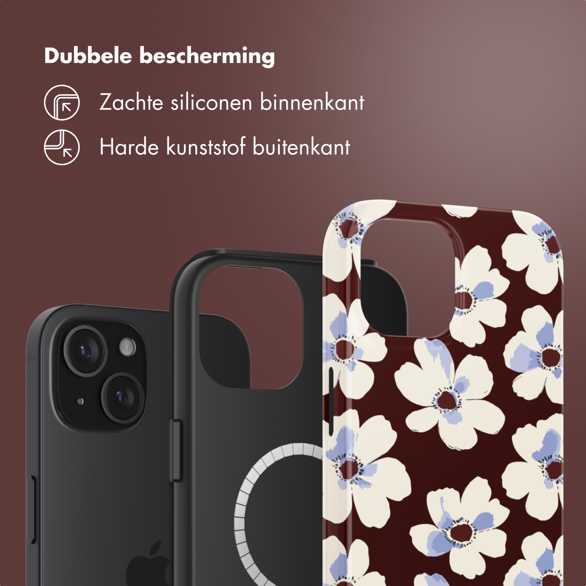 Three phone cases: black, black with a white circle, and one with white flowers on a dark red background. Text says double protection.
