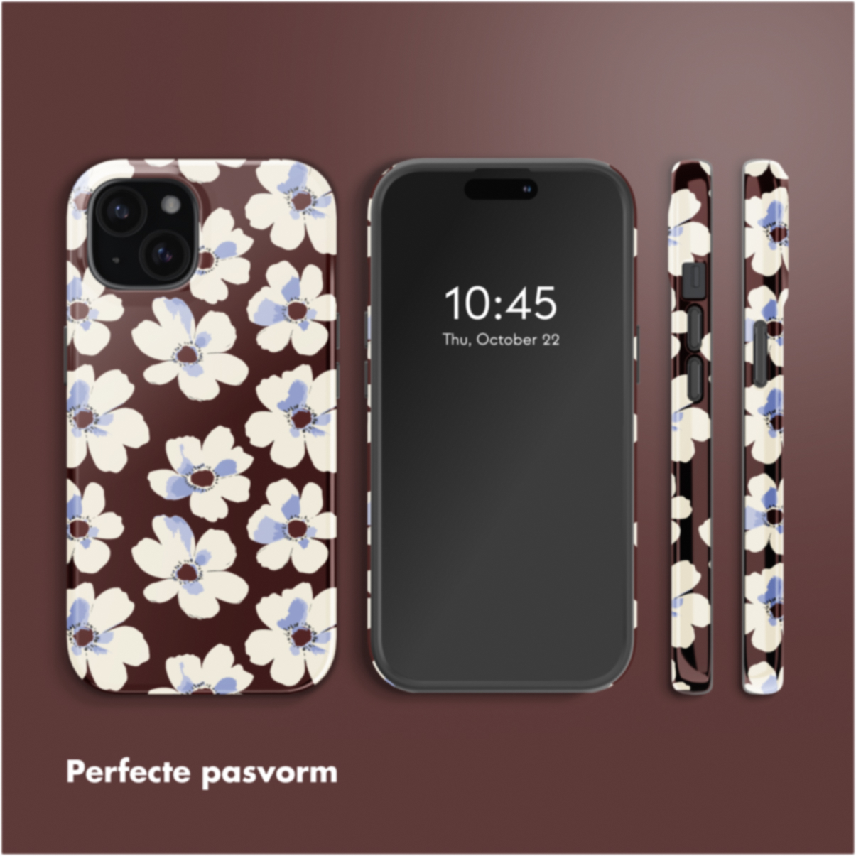 A phone and cases with a flower pattern. The phone screen shows the time. The cases are brown with white and blue flowers.
