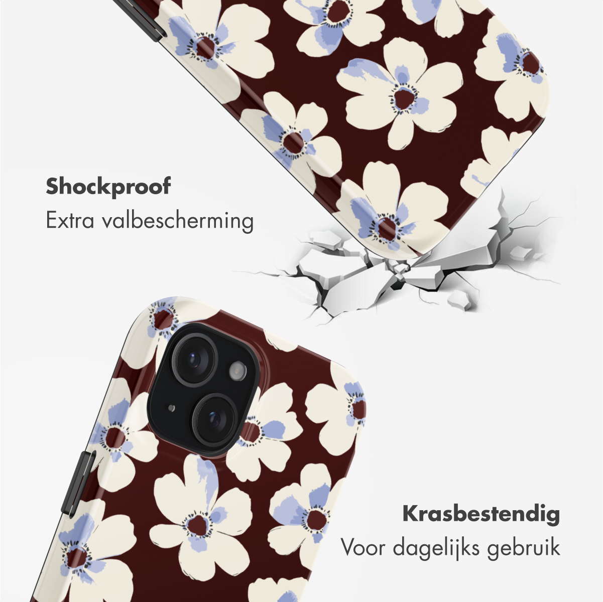 Two phone cases with floral patterns. One case is on top of a cracked surface. Texts mention shockproof and scratch resistance.