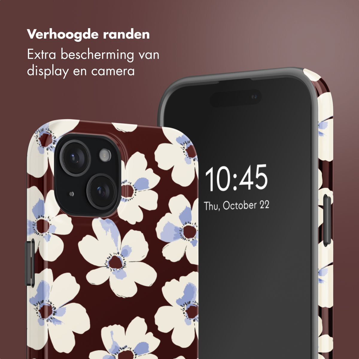 Two phones with floral cases. One shows 10:45 on screen. Cases have white flowers with blue and brown background.