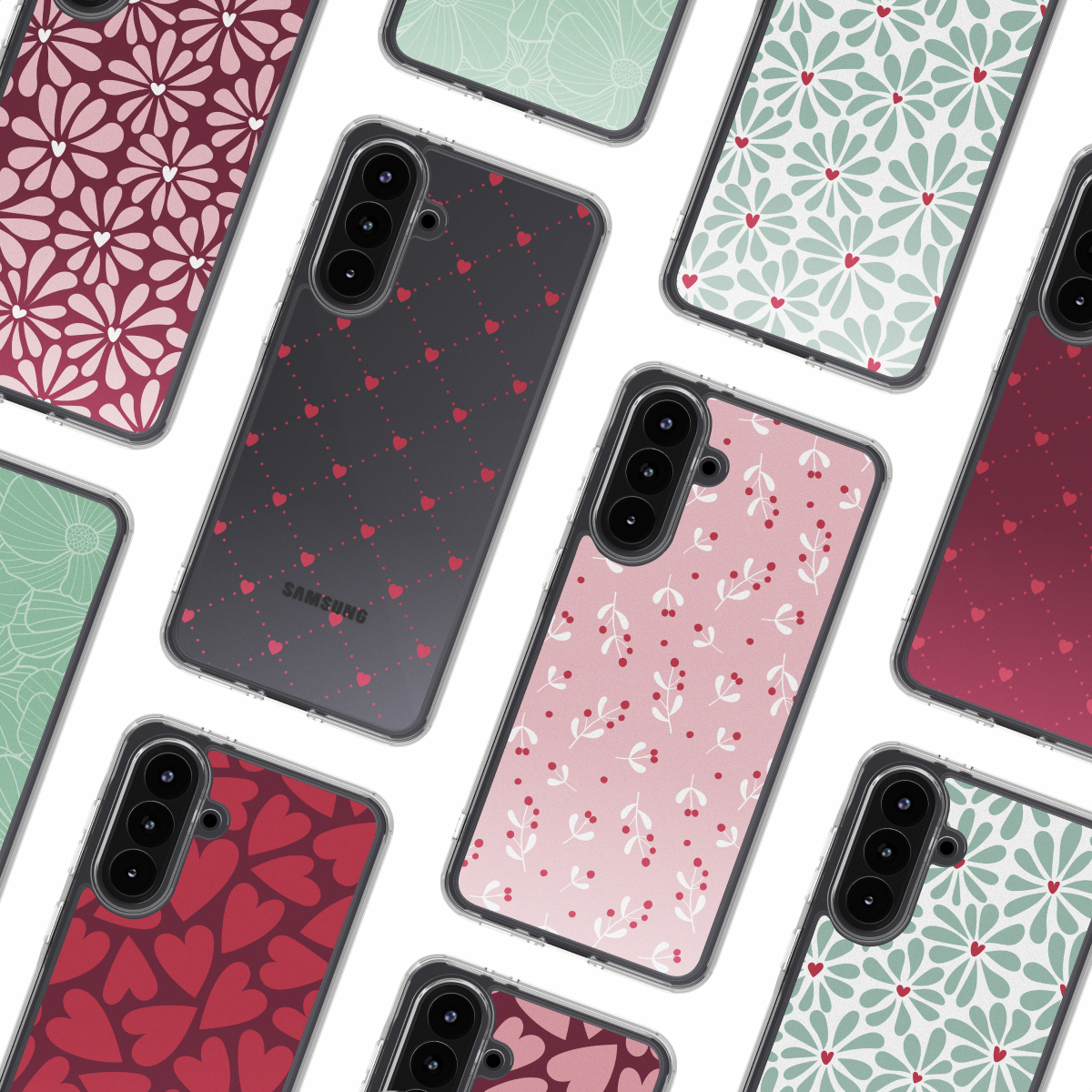 Assortiment d'étuis de téléphone avec divers motifs : fleurs, cœurs et feuilles. Les couleurs incluent le rouge, le rose et le vert sur fond blanc.