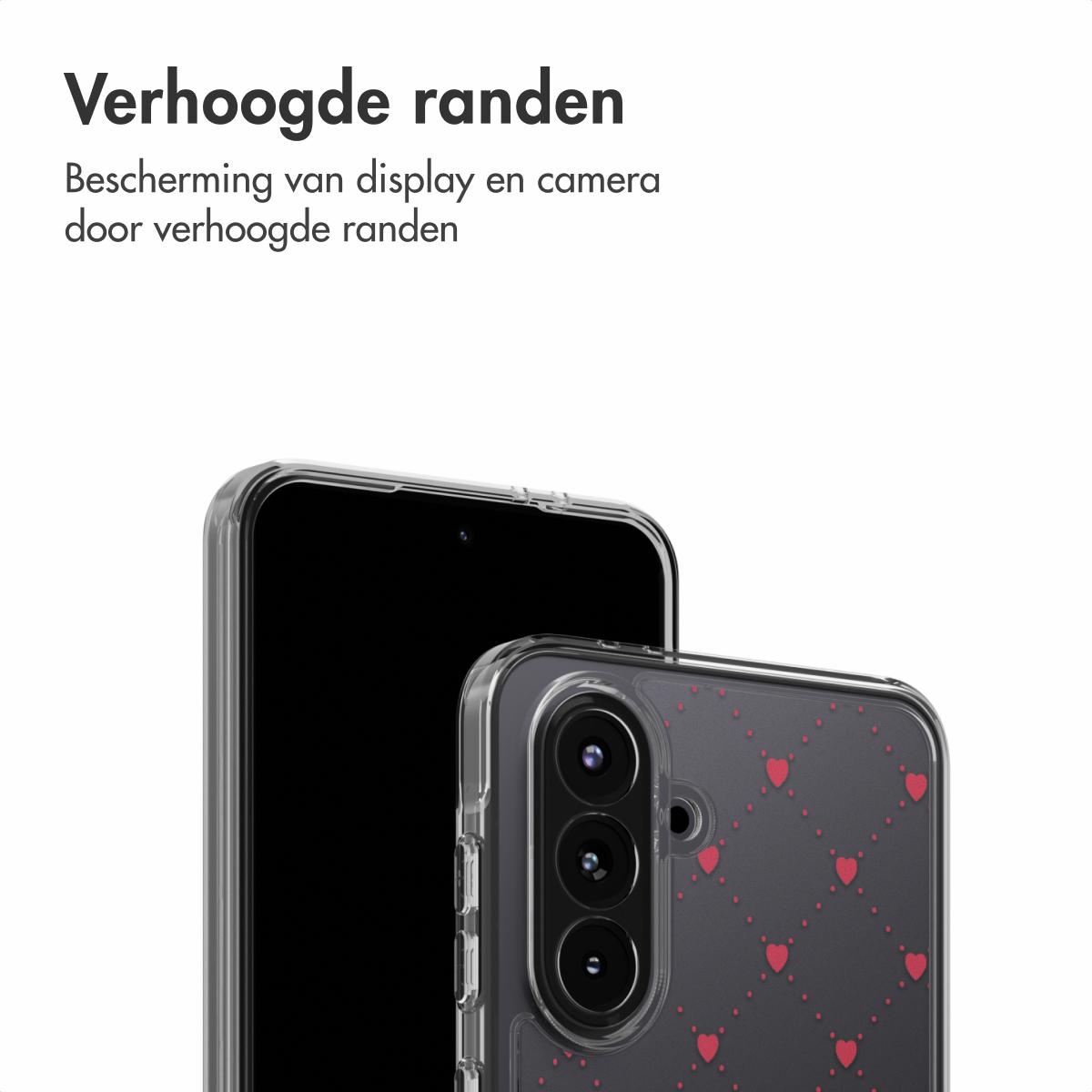 Deux smartphones, un avec une coque transparente et des cœurs rouges, l'autre avec un écran noir. Texte en néerlandais en haut.