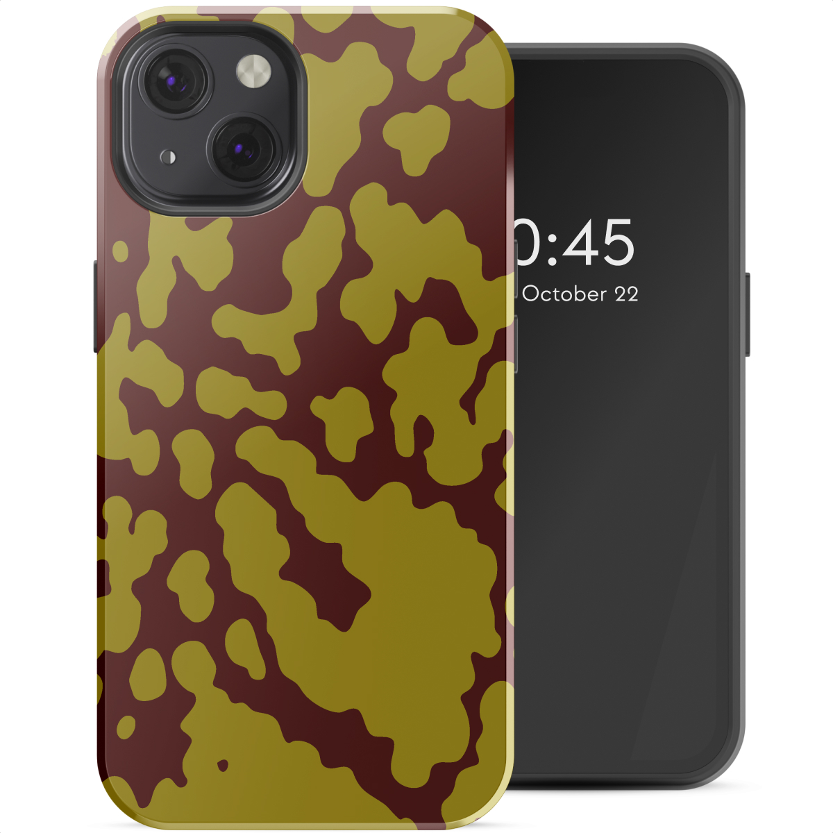Un téléphone avec un étui à motif camouflage. L'écran affiche l'heure et la date. L'étui est vert et marron.