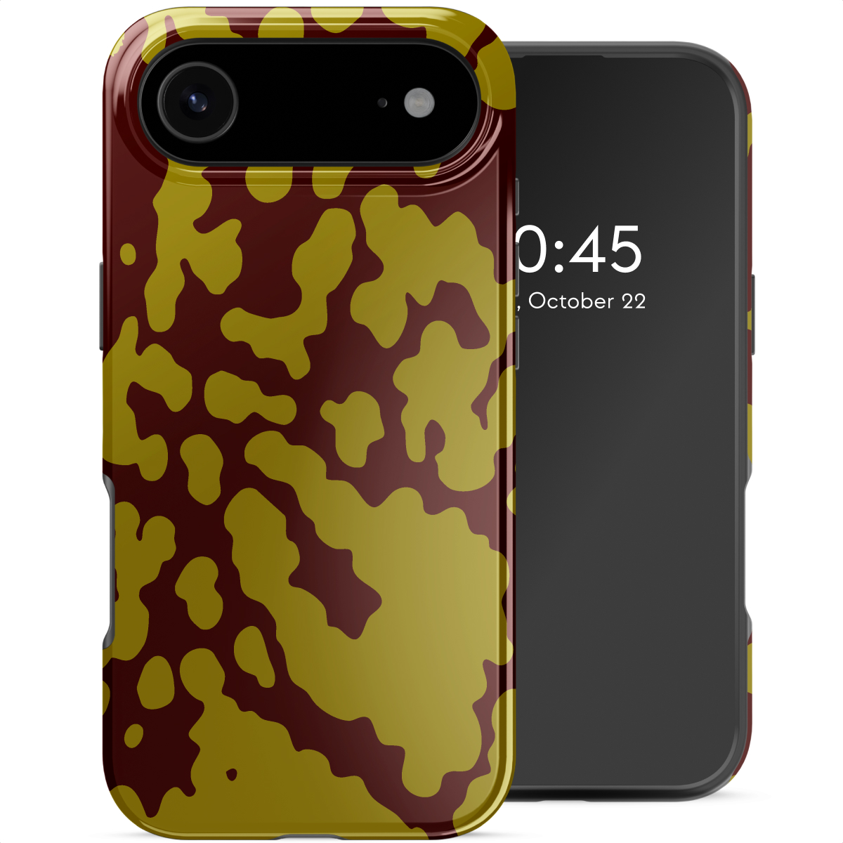 Een smartphone met een camouflagepatroon hoesje, met de tijd 0:45 en de datum 22 oktober op het scherm.