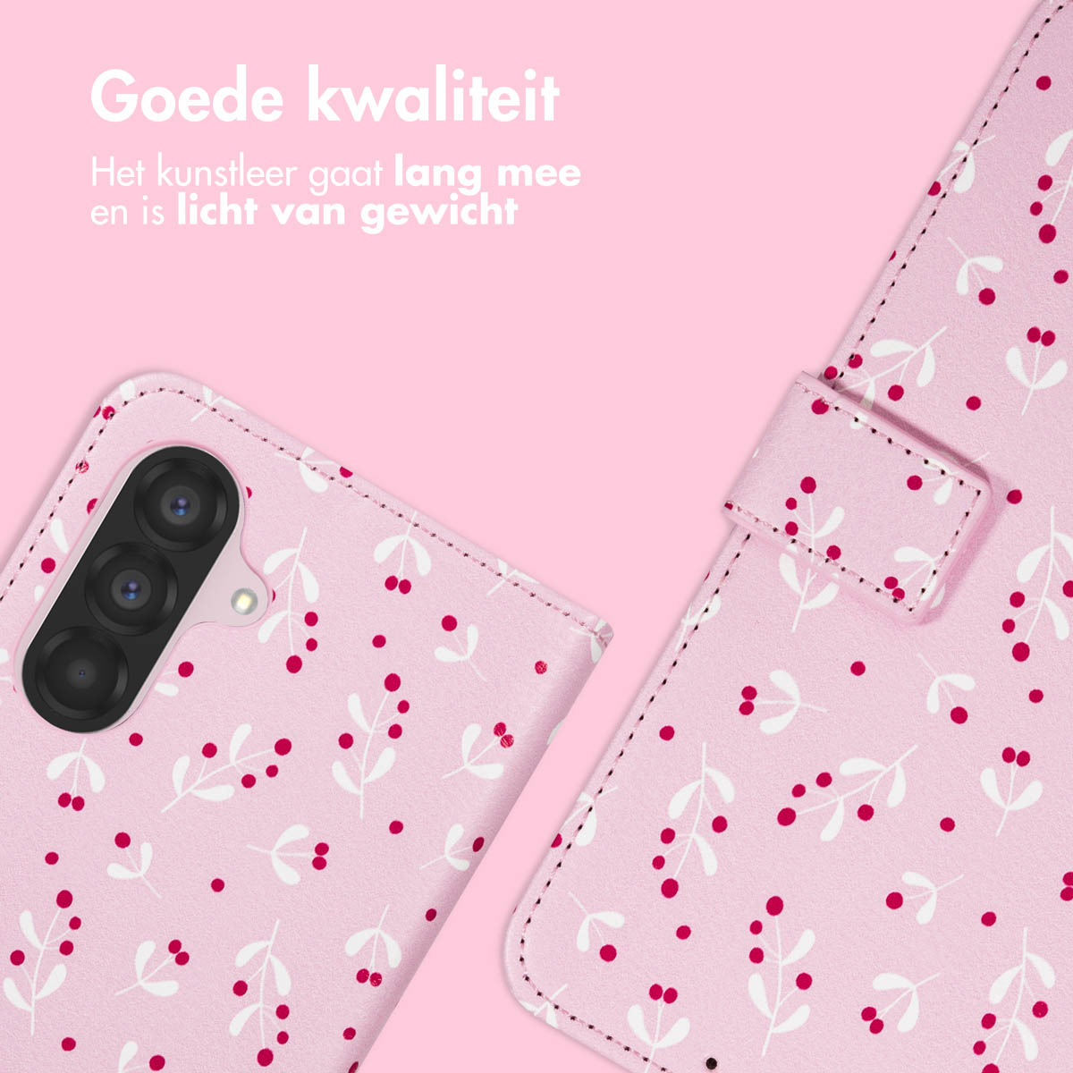 Roze telefoonhoesje met wit bloemenpatroon en rode stippen. De telefoon heeft een camera. De tekst luidt: Goede kwaliteit en duurzaam.