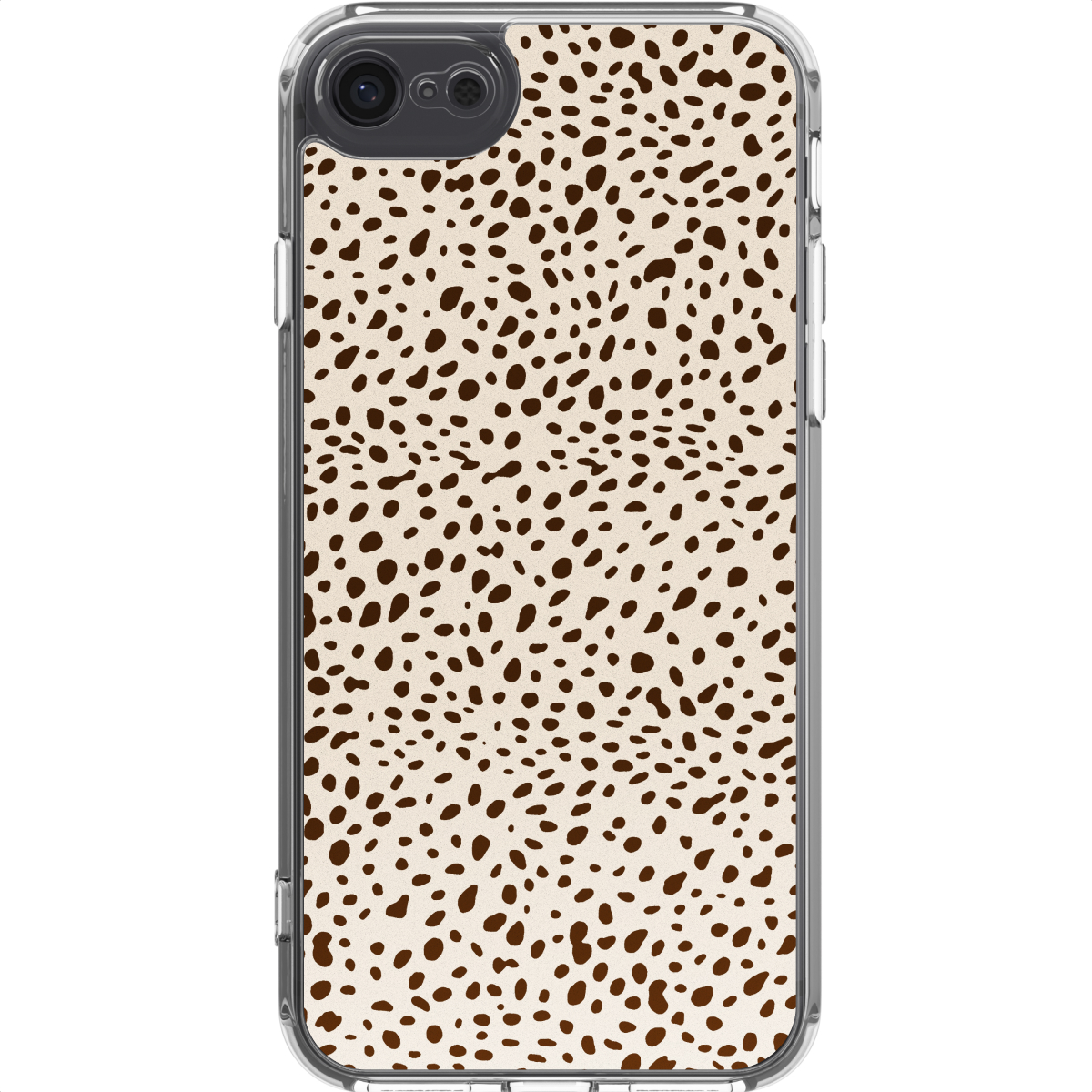Telefoonhoesje met een beige achtergrond en bruine vlekken. De hoes heeft een doorzichtige rand met camera en knoppen.