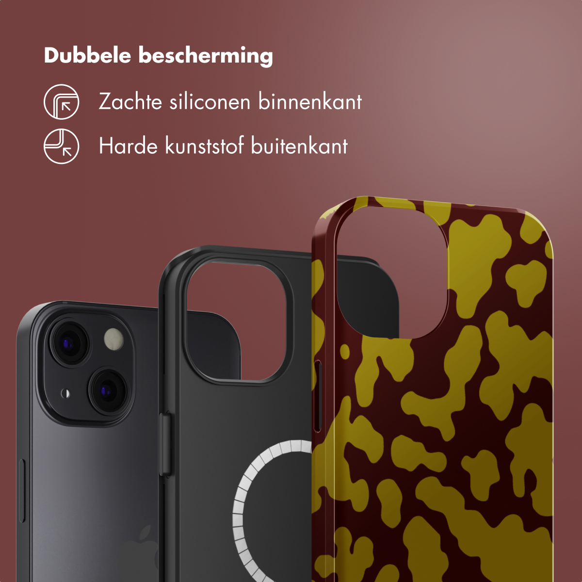 Trois coques de téléphone. Un téléphone noir, une coque noire et une coque marron à motifs. Texte : 'Double protection' et ses composants.