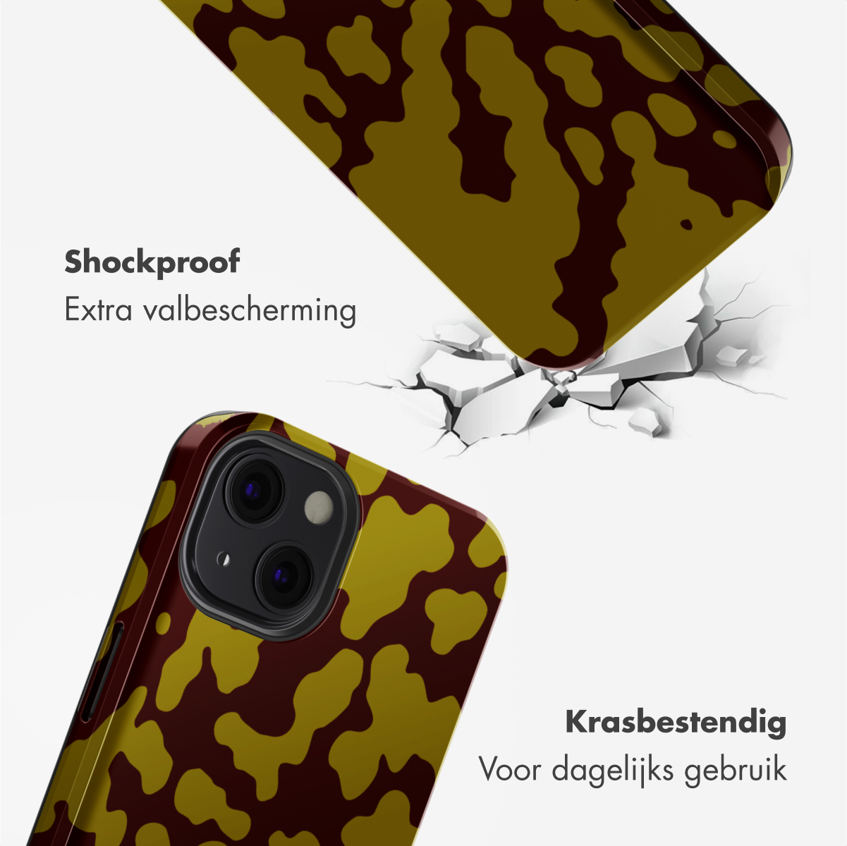 Coque de téléphone à motif jaune et marron brisant une surface. Le texte indique antichoc et résistant aux rayures.