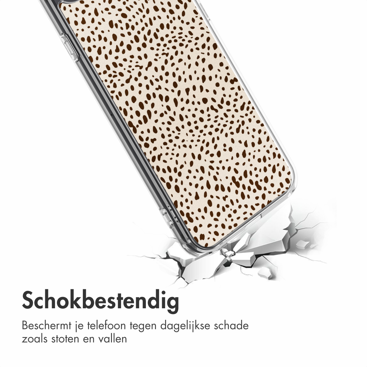 Een telefoonhoesje met bruine stippen op een beige achtergrond valt op de grond. De grond scheurt. Tekst luidt 'Schokbestendig'.
