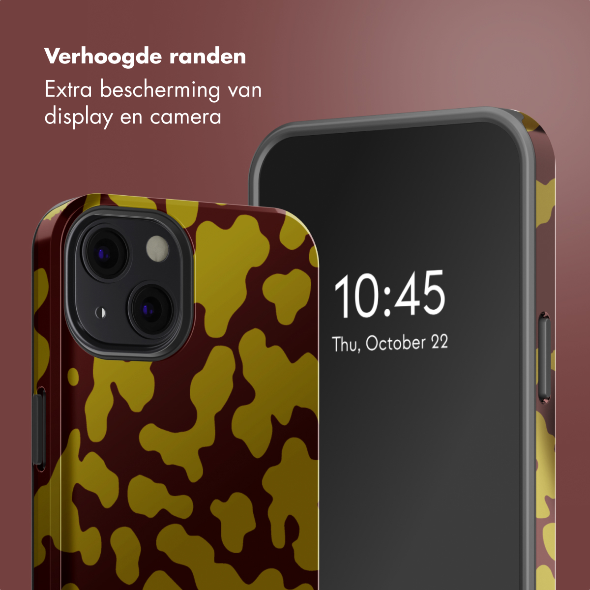 Deux smartphones avec des étuis à motifs. L'un affiche l'heure. Le texte en haut dit : 'Bords surélevés. Protection supplémentaire pour l'écran et l'appareil photo.'