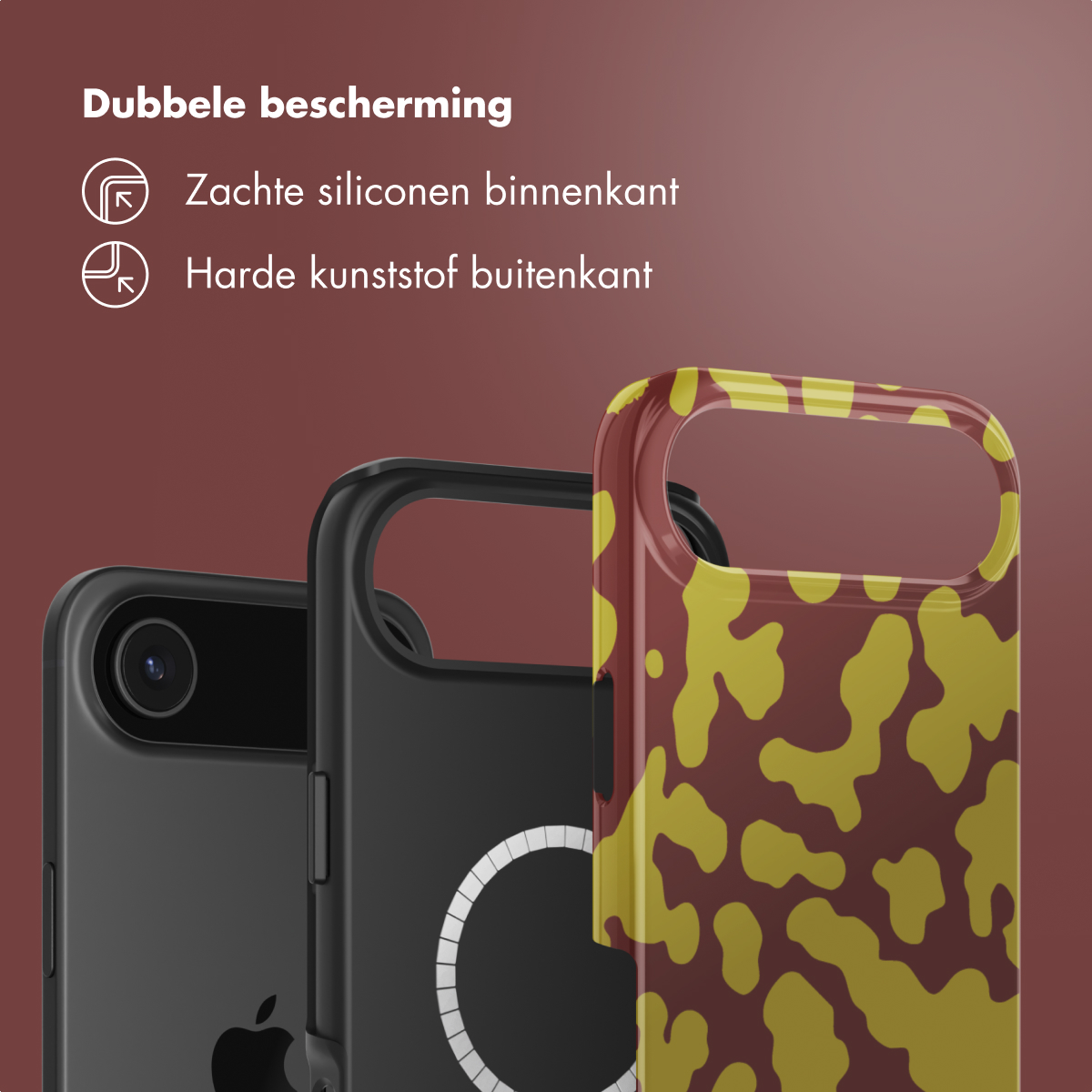 Drie telefoonhoesjes: zwart, zwart met witte cirkel en bruin met gele vlekken, tegen een roodbruine achtergrond.