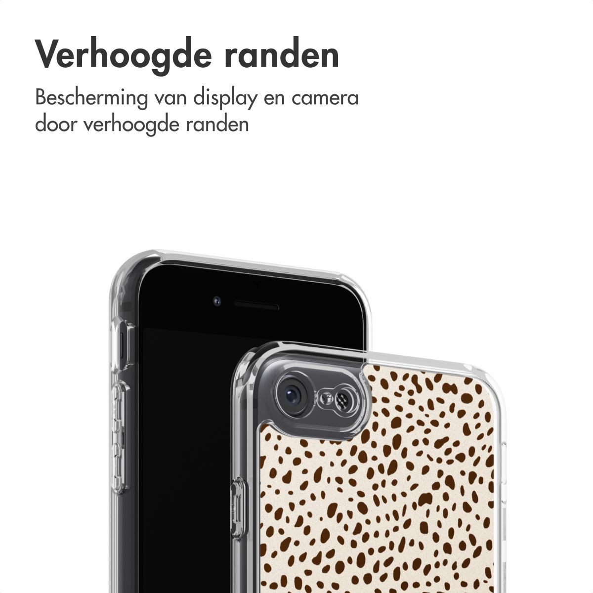 Een smartphone met een doorzichtige hoes. De hoes heeft een patroon van bruine vlekken op een crèmekleurige achtergrond. Tekst bovenaan: Verhoogde randen.