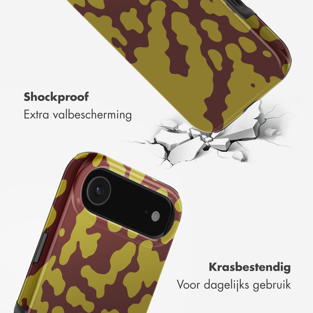 Twee telefoonhoesjes met camouflage-ontwerp. Eén hoesje valt, de andere ligt op de grond. Witte achtergrond met tekst.