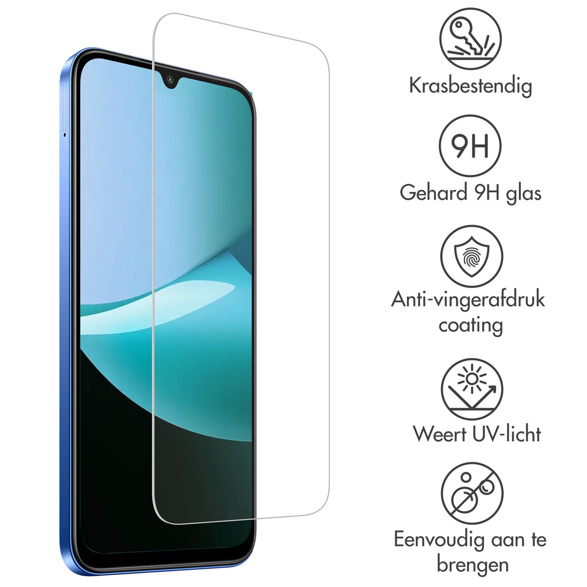 A smartphone with a screen protector. The phone is blue, the screen shows a teal and white abstract design. Text indicates features.