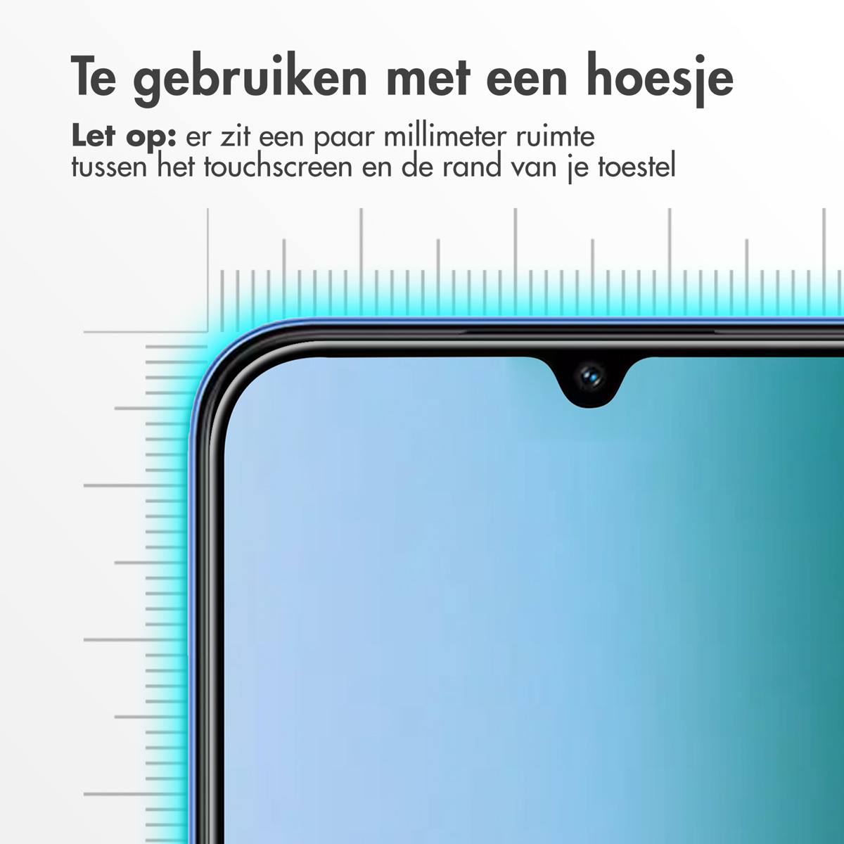 Close-up of a smartphone screen with text in Dutch. The screen is blue, with a black border. A camera is visible at the top.