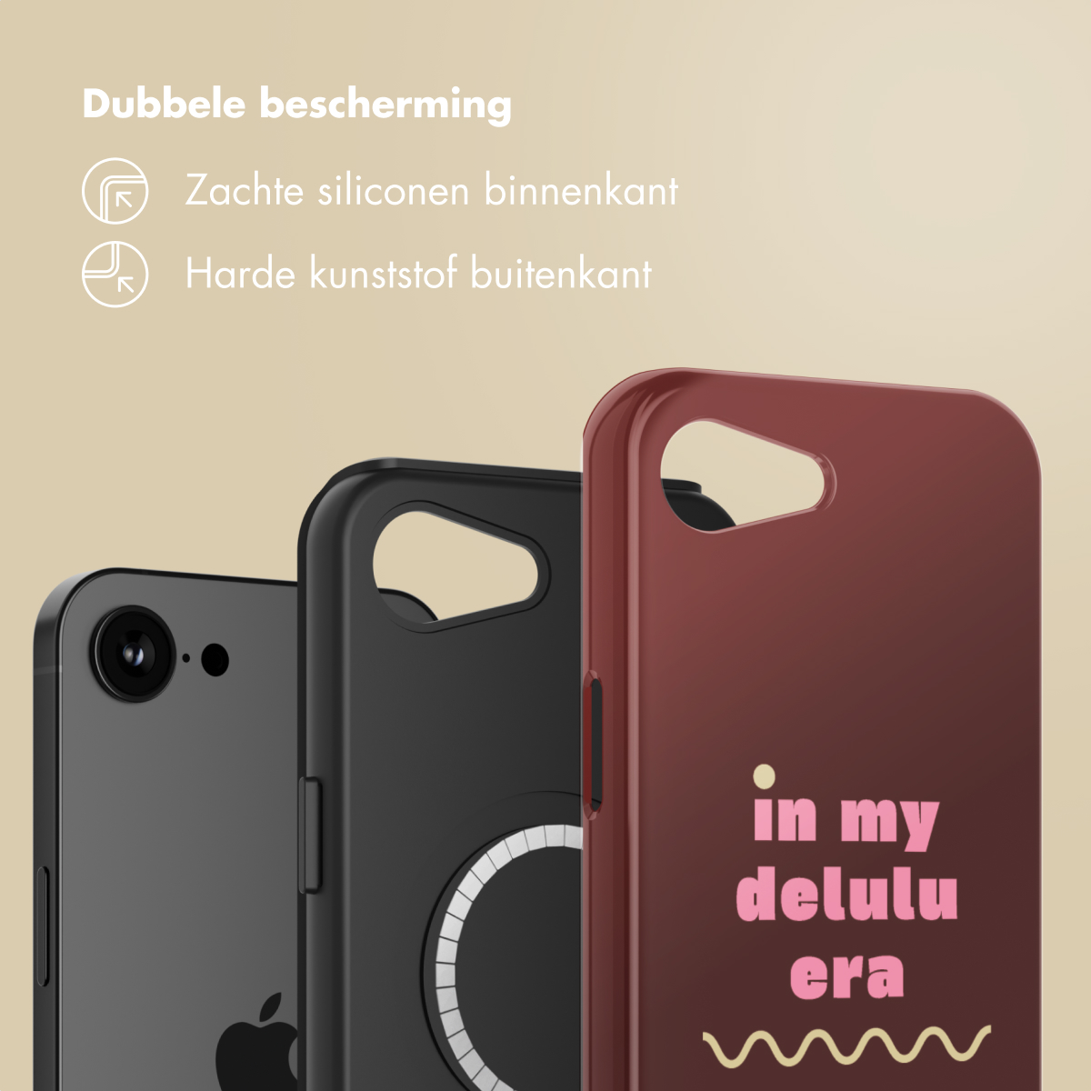 Trois coques de téléphone en noir, rouge foncé et noir. La coque rouge porte le texte 'in my delulu era'.